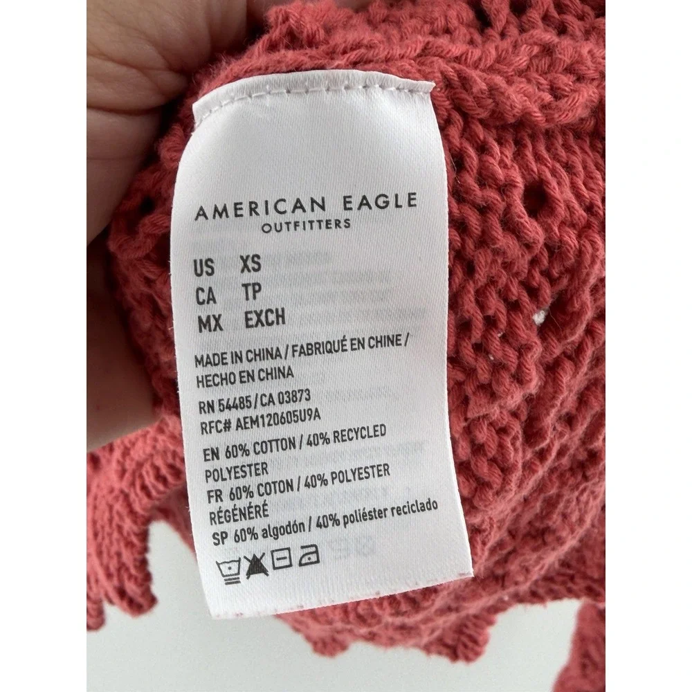 American Eagle Sweater Women XS Red Cropped Pointelle V-Neck Scalloped Hem